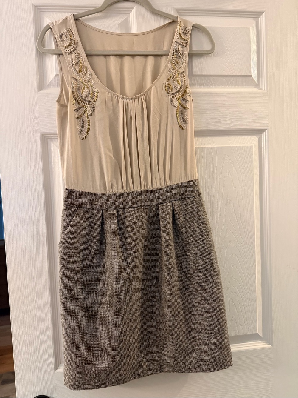 Anthropologie Cream Bodice with Gray Tweed Skirt Mini Dress